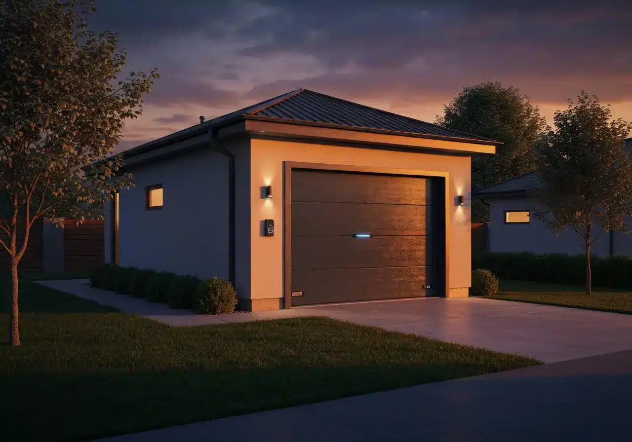 Modern garage with closed door illuminated by warm lighting at sunset in suburban setting