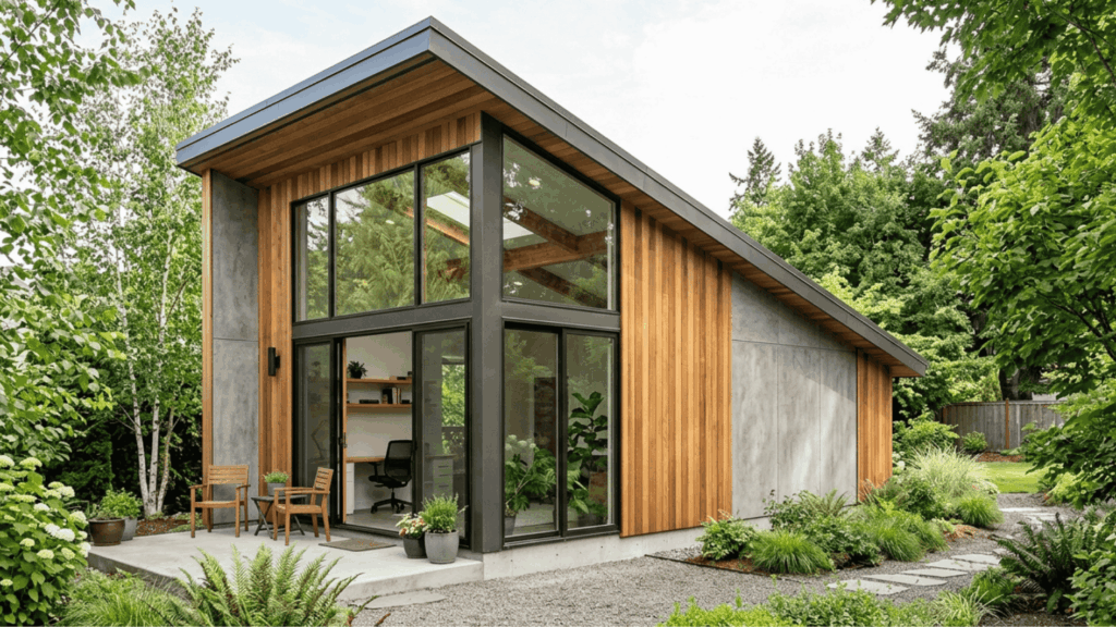 modern small house with wood siding large glass windows surrounded by lush garden and greenery