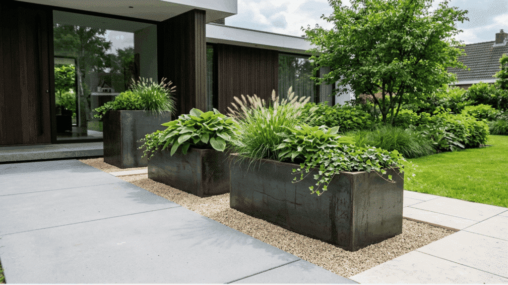 modern steel planter boxes with ornamental grasses and plants in contemporary yard.