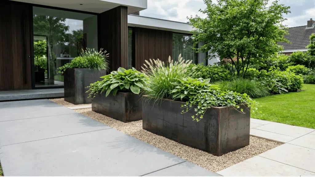 modern steel planter boxes with ornamental grasses and plants in contemporary yard.