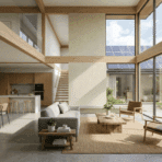 modern sustainable home interior with large glass windows natural light wooden furniture indoor plants and solar panels visible on the roof outside