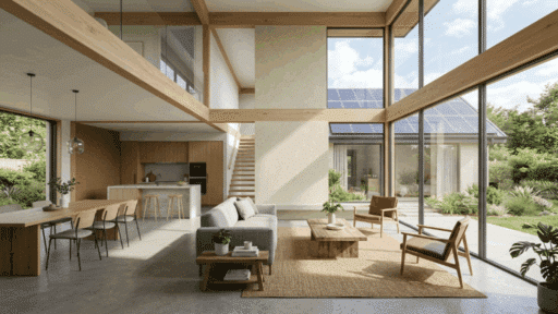 modern sustainable home interior with large glass windows natural light wooden furniture indoor plants and solar panels visible on the roof outside