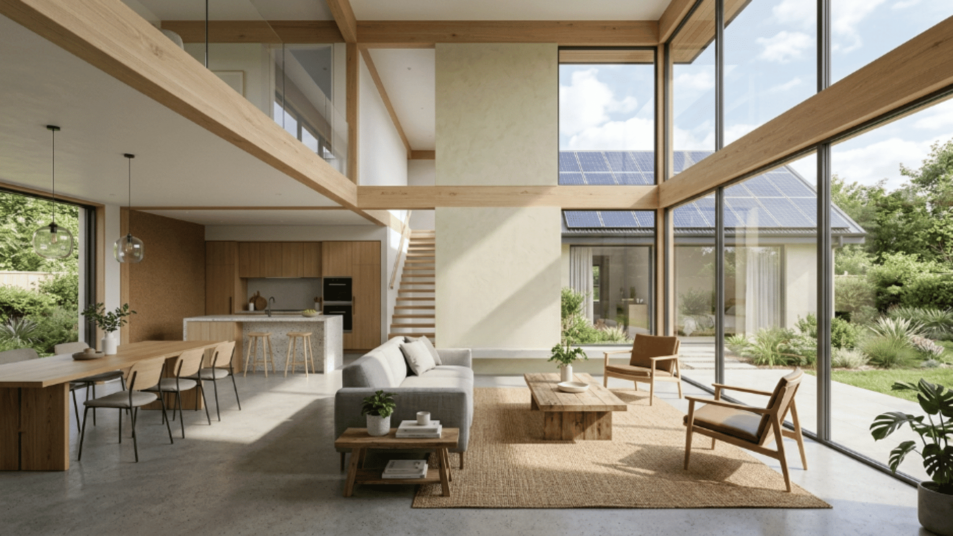 modern sustainable home interior with large glass windows natural light wooden furniture indoor plants and solar panels visible on the roof outside