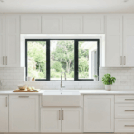 modern white kitchen with clean cabinets.