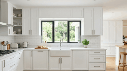 modern white kitchen with clean cabinets.
