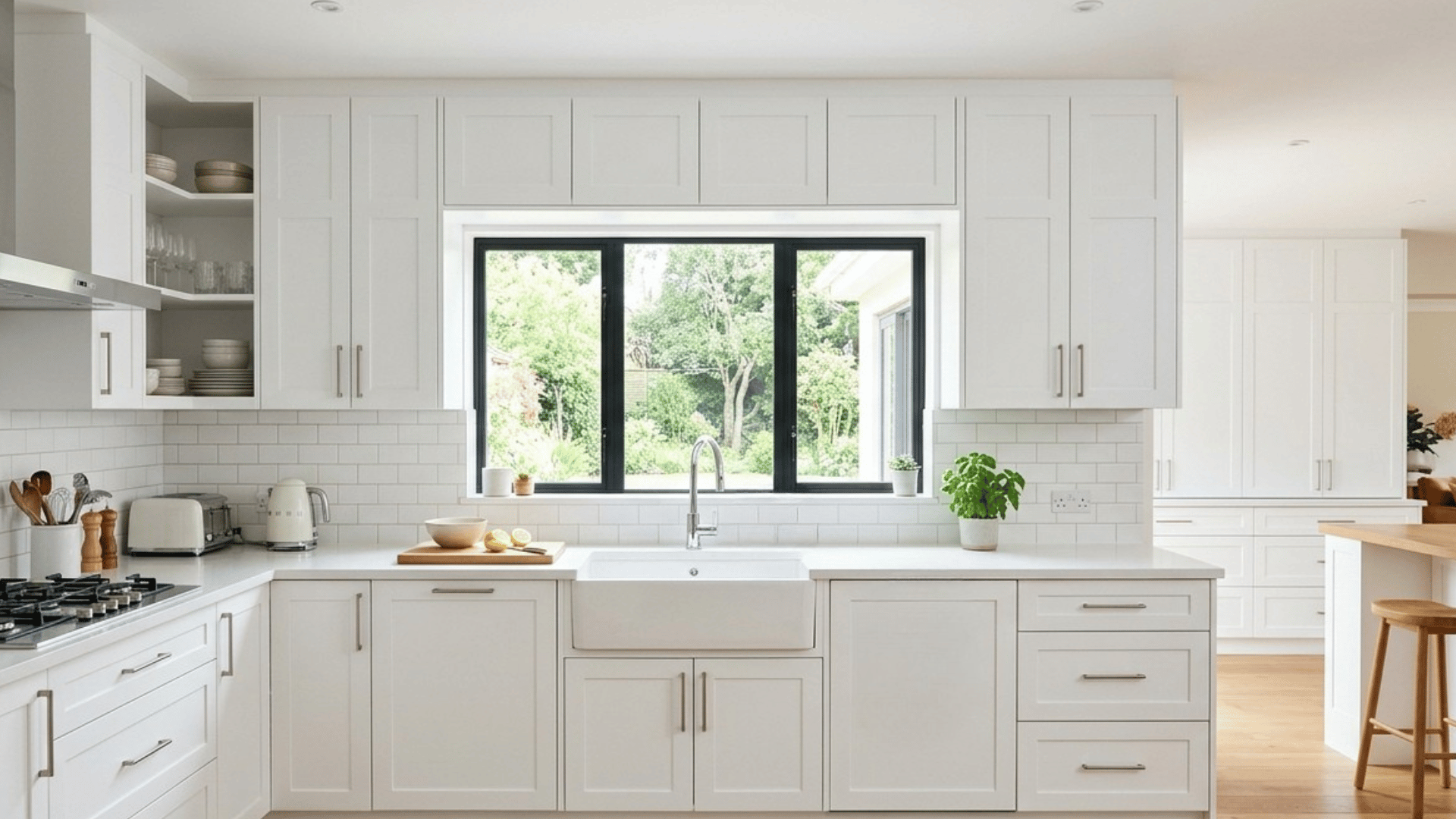 modern white kitchen with clean cabinets.