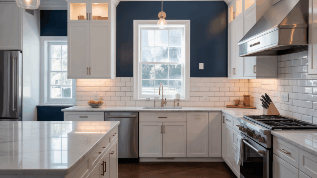 modern white kitchen with navy blue walls, subway tile backsplash, and marble island.