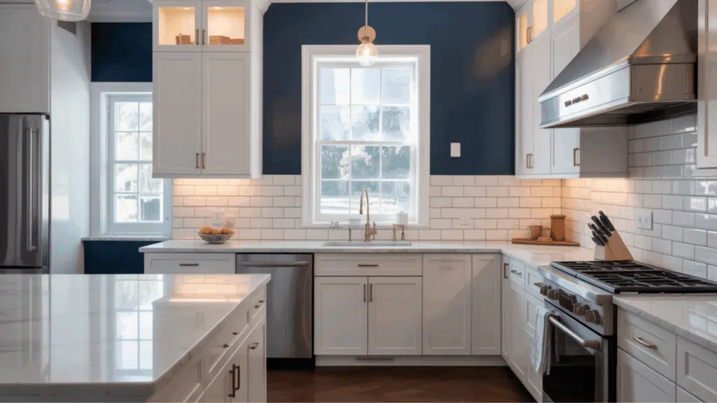 modern white kitchen with navy blue walls, subway tile backsplash, and marble island.