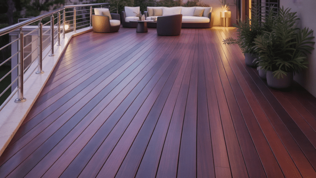 modern wooden deck with sleek, dark planks, cozy seating, and stylish lighting.