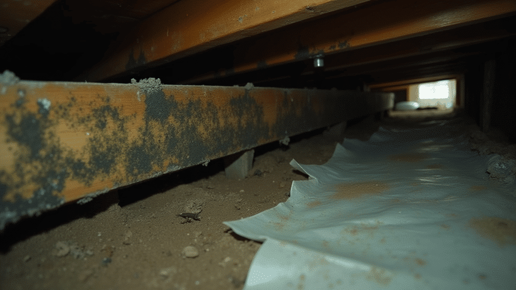 mold growing on wooden beams and insulation inside damp residential crawl space with visible moisture damage