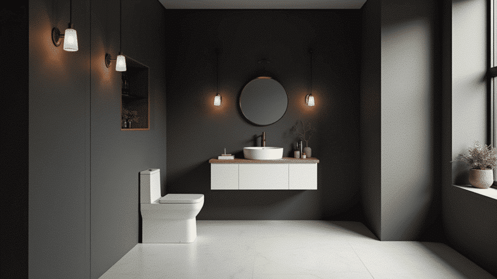 moody bathroom with deep charcoal grey painted walls, white floating vanity, brass faucet and warm wall sconces