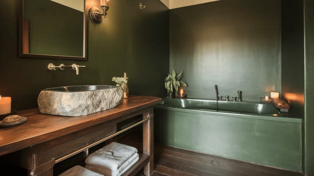 moody dark green bathroom with a built in tub, wooden vanity with a stone vessel sink, brass wall mounted faucet, candles, and dark wood flooring