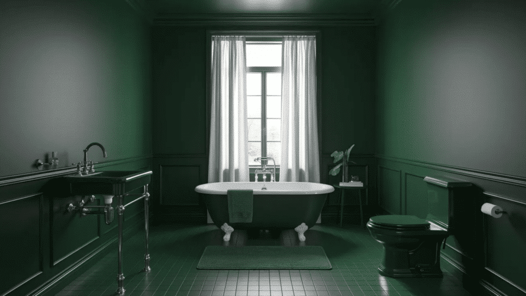 moody dark green bathroom with paneled walls, a freestanding clawfoot tub centered beneath a tall window with sheer curtains, brass fixtures, a matching green toilet, pedestal sink, and green tile