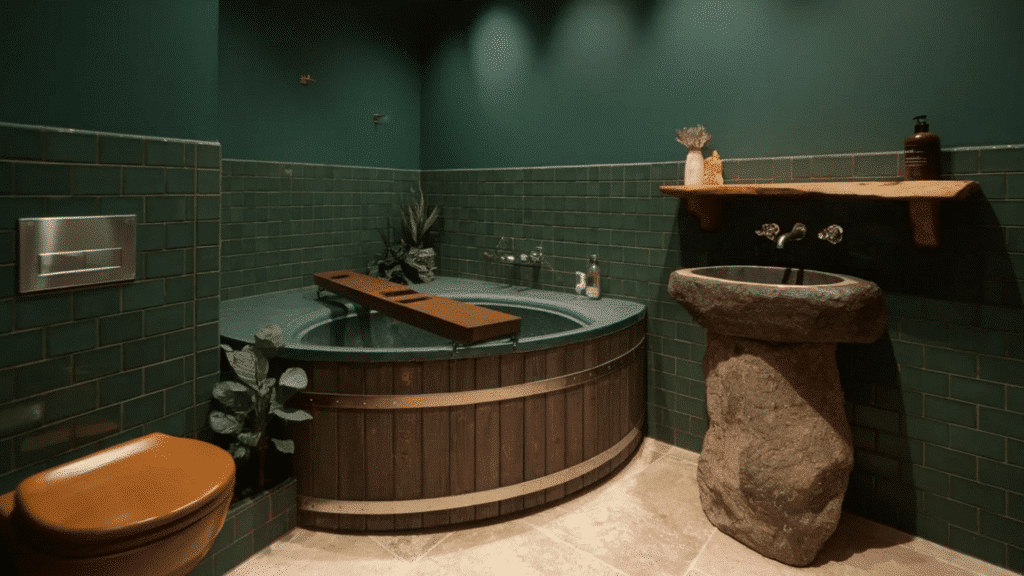 moody green bathroom with a round wooden soaking tub, stone pedestal sink, and matching green tile walls