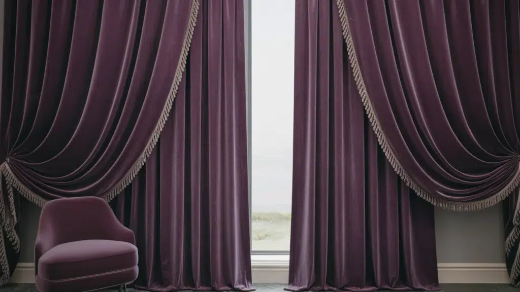 moody velvet luxe curtains in a deep rich tone, adding dramatic depth and elegance to a stylish bedroom