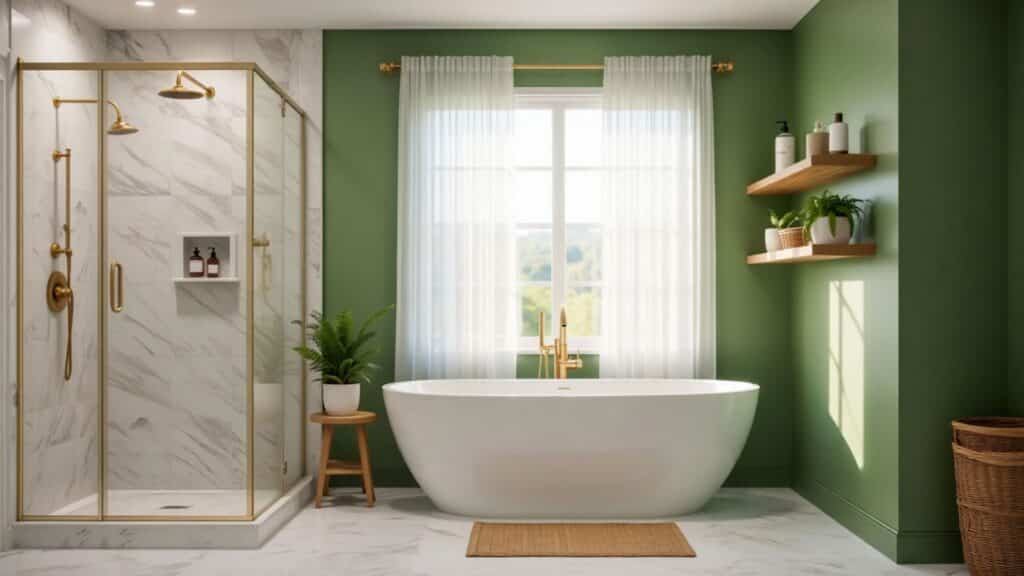 moss green bathroom with marble shower, freestanding tub, brass fixtures, and natural light