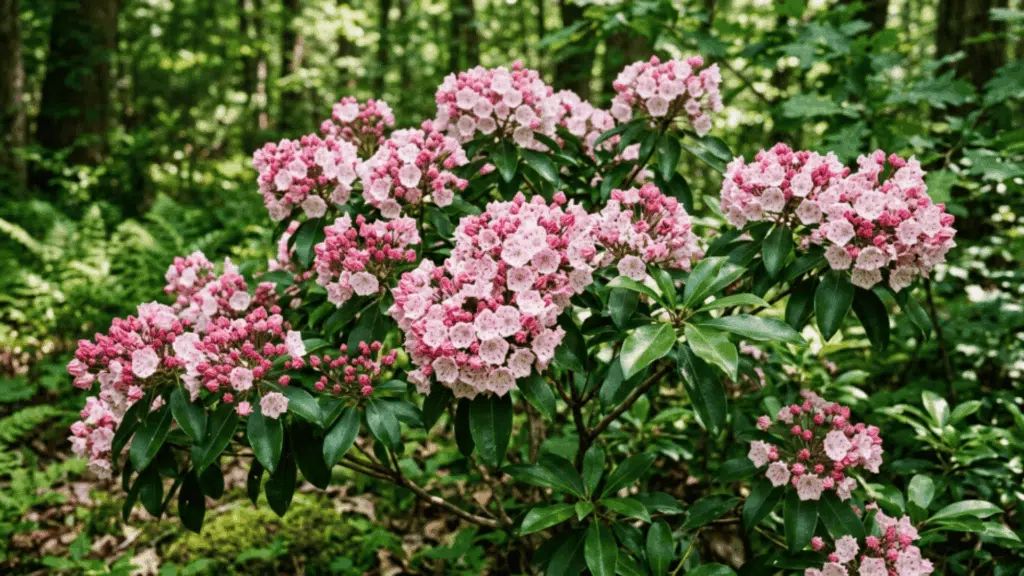 mountain laurel close up with pink white flowers and glossy leaves in shade plant fully visible not cut from above with soft light highlights
