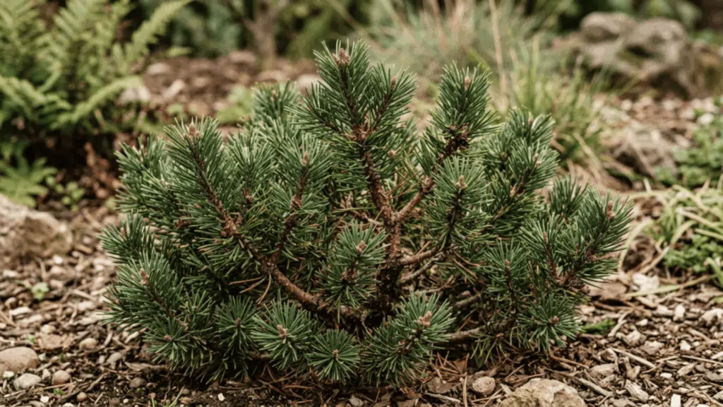 mugo pine close up with thick needle clusters earthy tones in natural light plant fully visible not cut from above with sharp focus