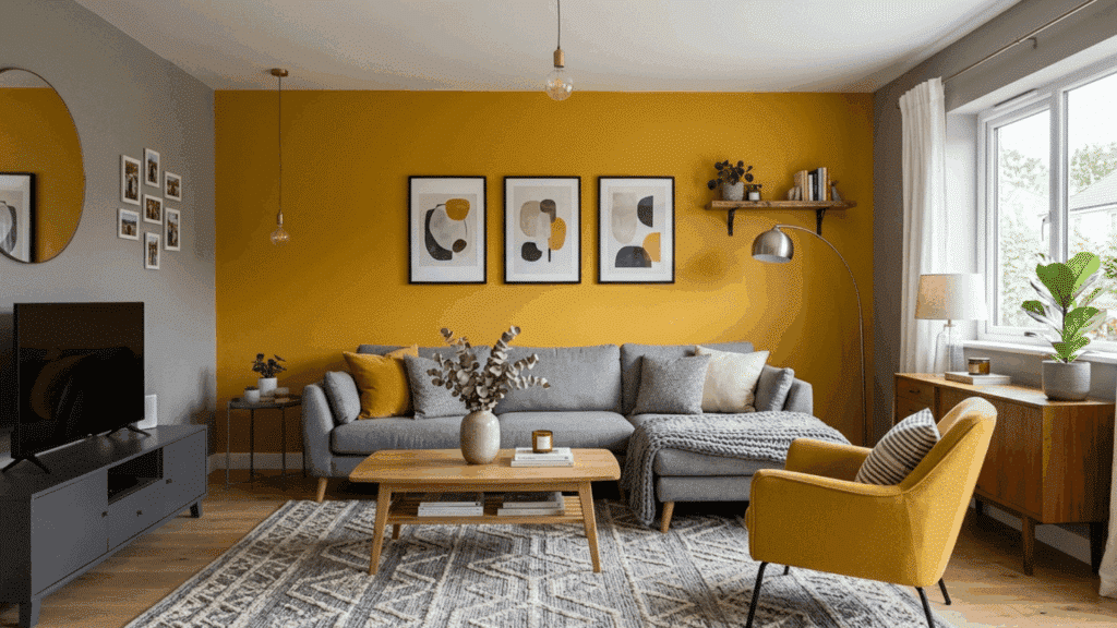 mustard yellow accent wall with gray sofa, modern decor, and warm-toned living room.