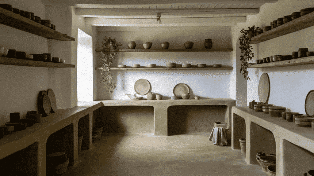 muted olive farmhouse stained concrete floors with open shelves