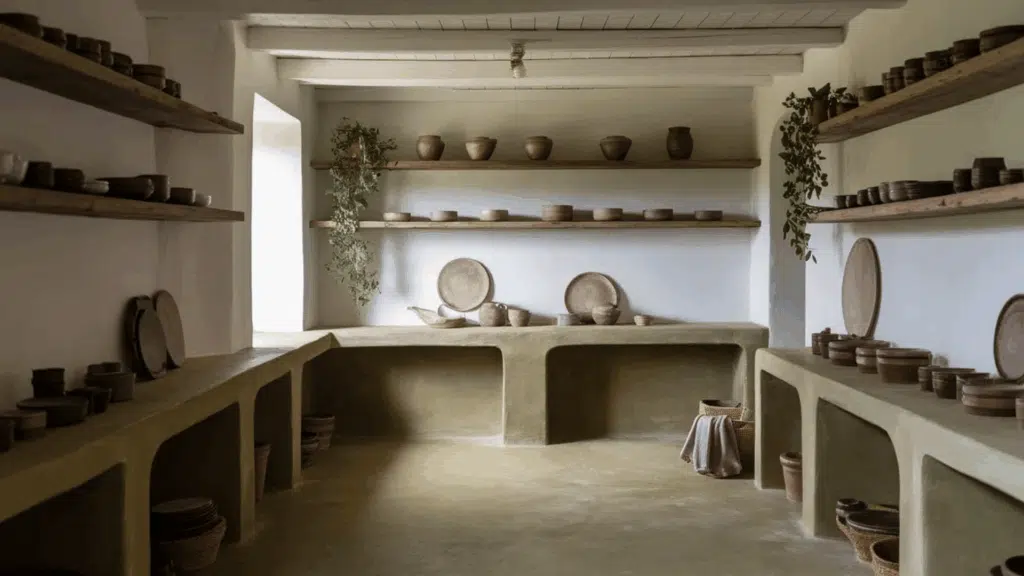 muted olive farmhouse stained concrete floors with open shelves