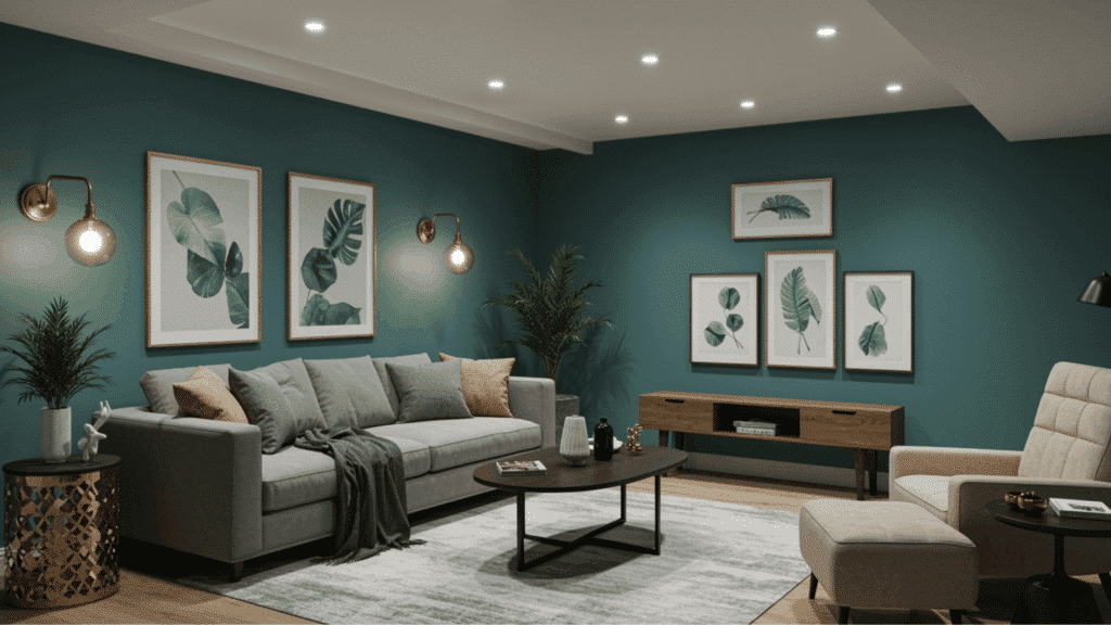 muted teal basement walls with white trim, modern living room setup, framed art, soft lighting, and cozy seating area