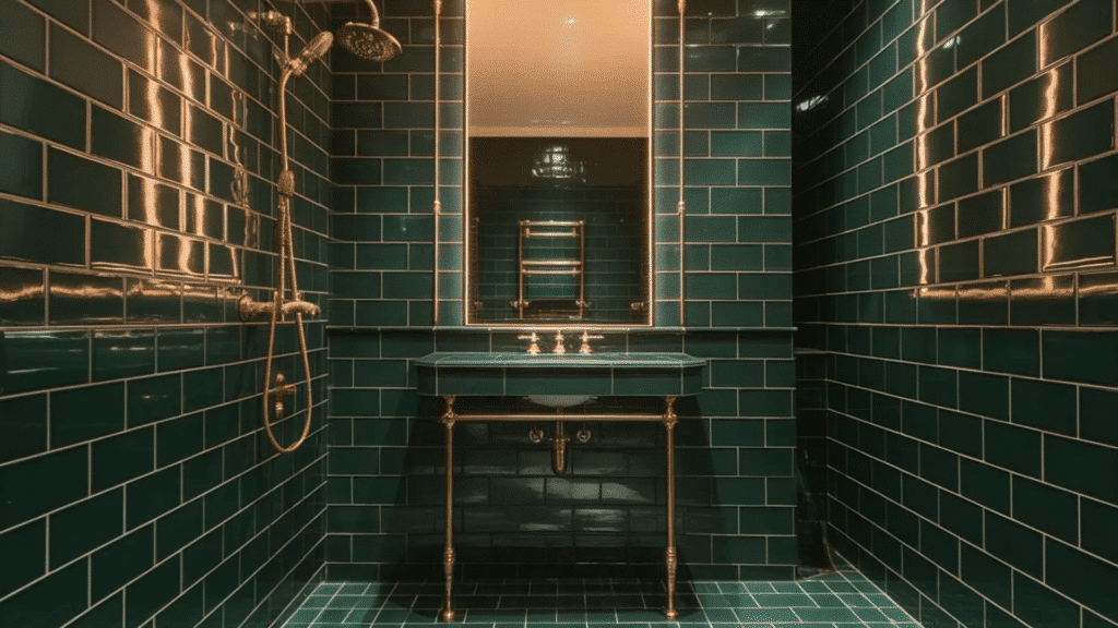 narrow bathroom with glossy dark green subway tile walls, brass shower fixtures, green tiled vanity, illuminated mirror, and gold accents creating a dramatic, luxurious feel