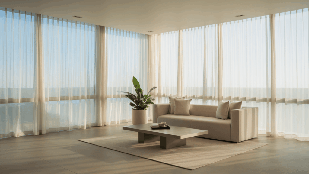 natural light flooding a contemporary interior through large floor-to-ceiling windows with sheer minimal window treatments