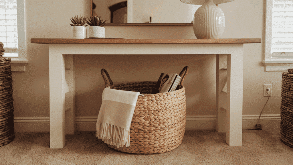 natural seagrass woven basket beneath a console table holding a folded throw blanket and magazines in a warm interior