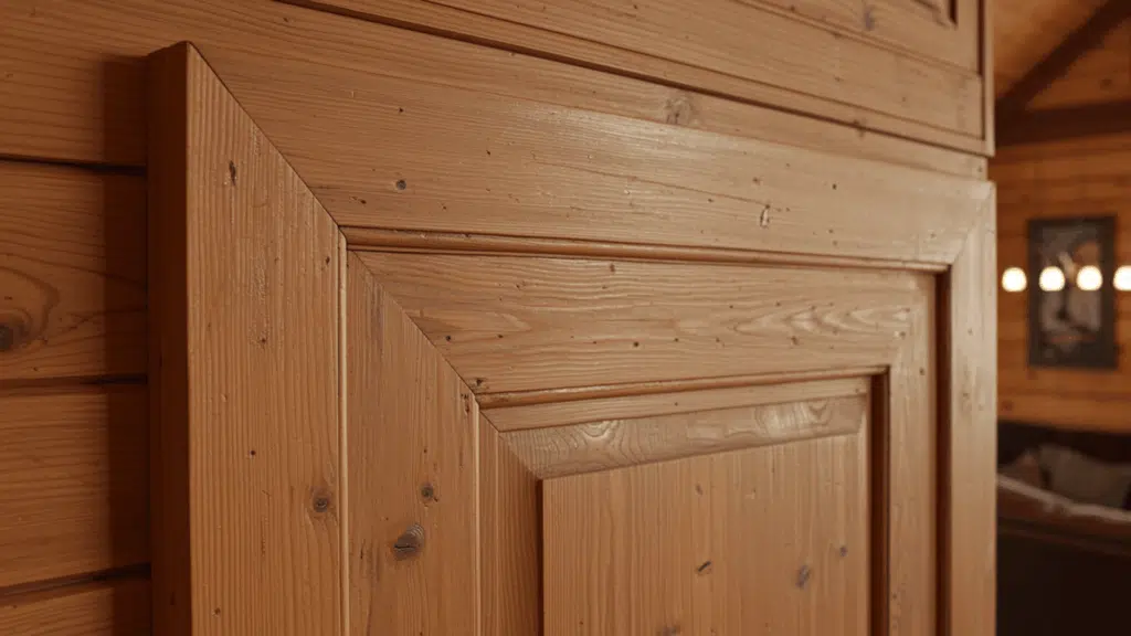 natural wood door casing with visible grain and texture in a rustic cabin style interior setting