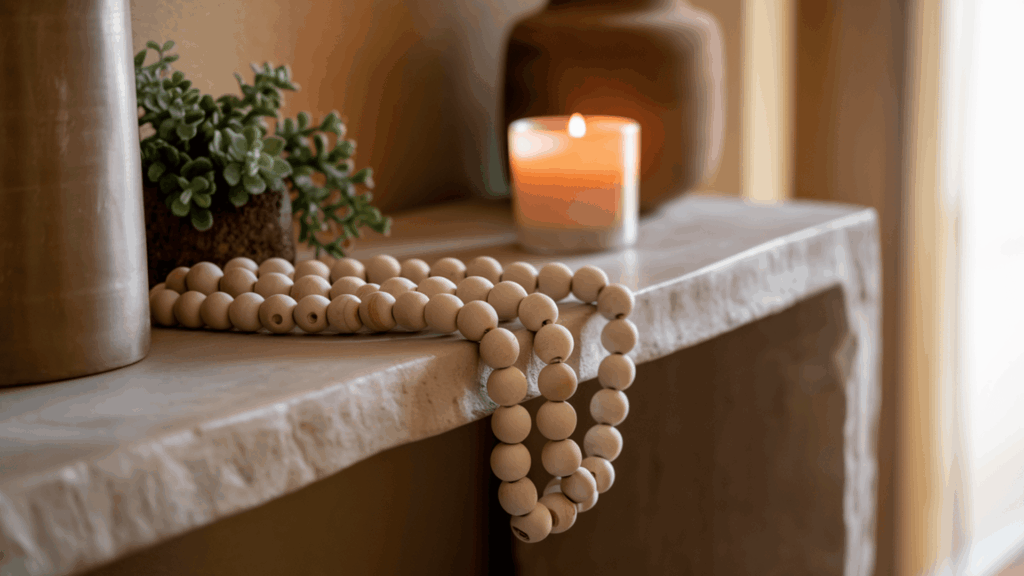 natural wooden bead garland draped across a console table alongside a small faux plant and a lit candle in warm tones