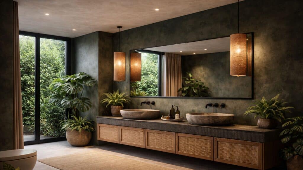 nature-inspired bathroom with deep green walls, a wooden double vanity with stone sinks, warm pendant lighting, and lush indoor plants by a large window, creating a calm, spa-like atmosphere
