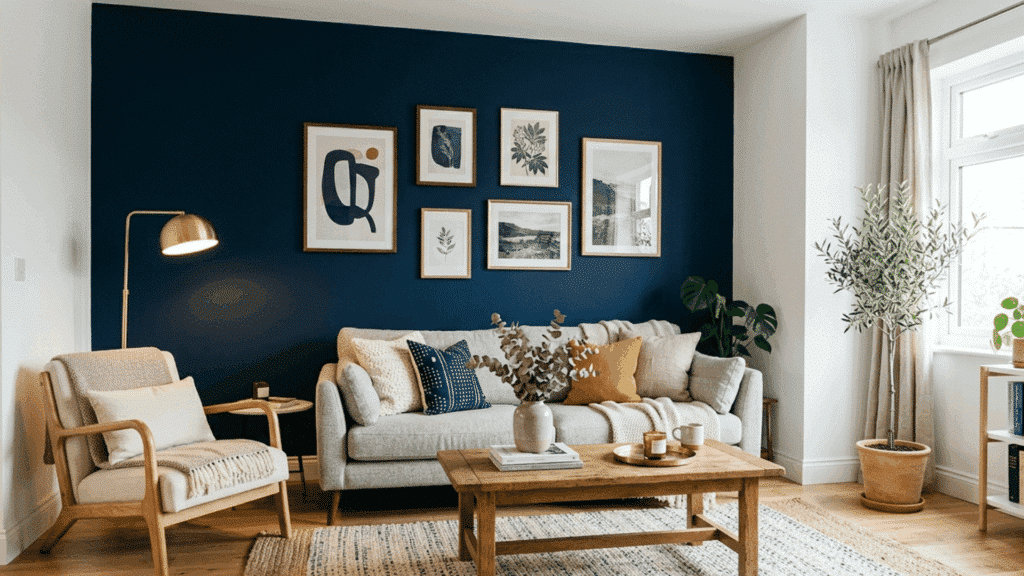 navy accent wall living room with beige sofa, gallery frames, and modern decor.