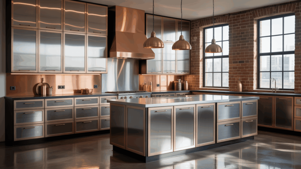 ndustrial-style kitchen featuring mixed metal cabinet finishes, combining brass, stainless steel, and matte black for a dynamic, bold aesthetic