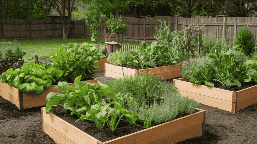 neat wooden raised garden beds filled with green vegetables and fresh herbs in a well-organized and sunny backyard garden space