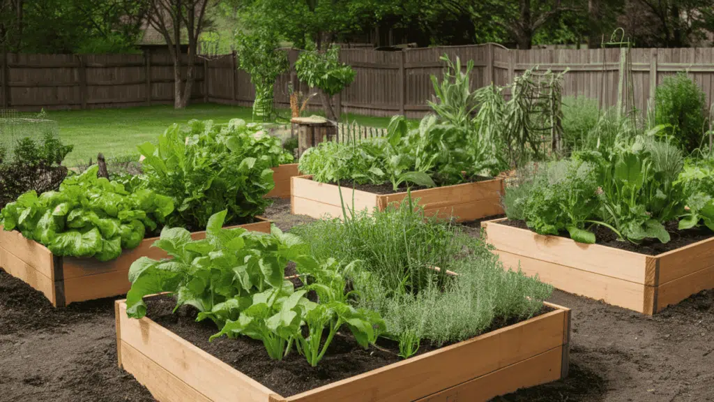 neat wooden raised garden beds filled with green vegetables and fresh herbs in a well-organized and sunny backyard garden space