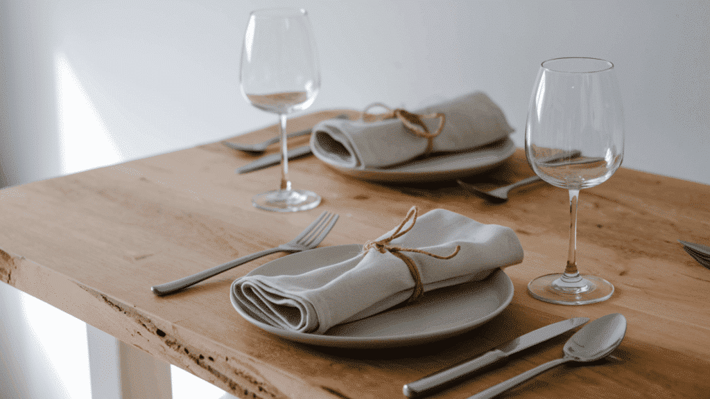 neatly folded cloth napkins tied with natural twine placed as part of a clean and thoughtful kitchen table setting
