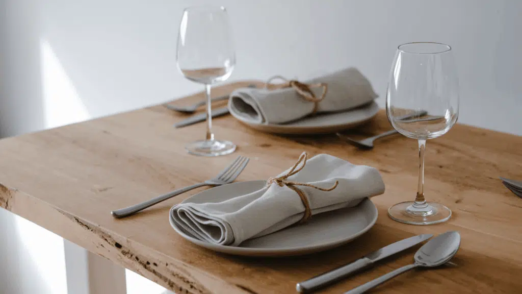 neatly folded cloth napkins tied with natural twine placed as part of a clean and thoughtful kitchen table setting
