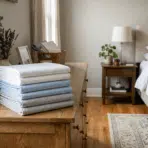 neatly folded fitted sheets stacked on a wooden dresser in a cozy bedroom with bed, plants, and soft natural light