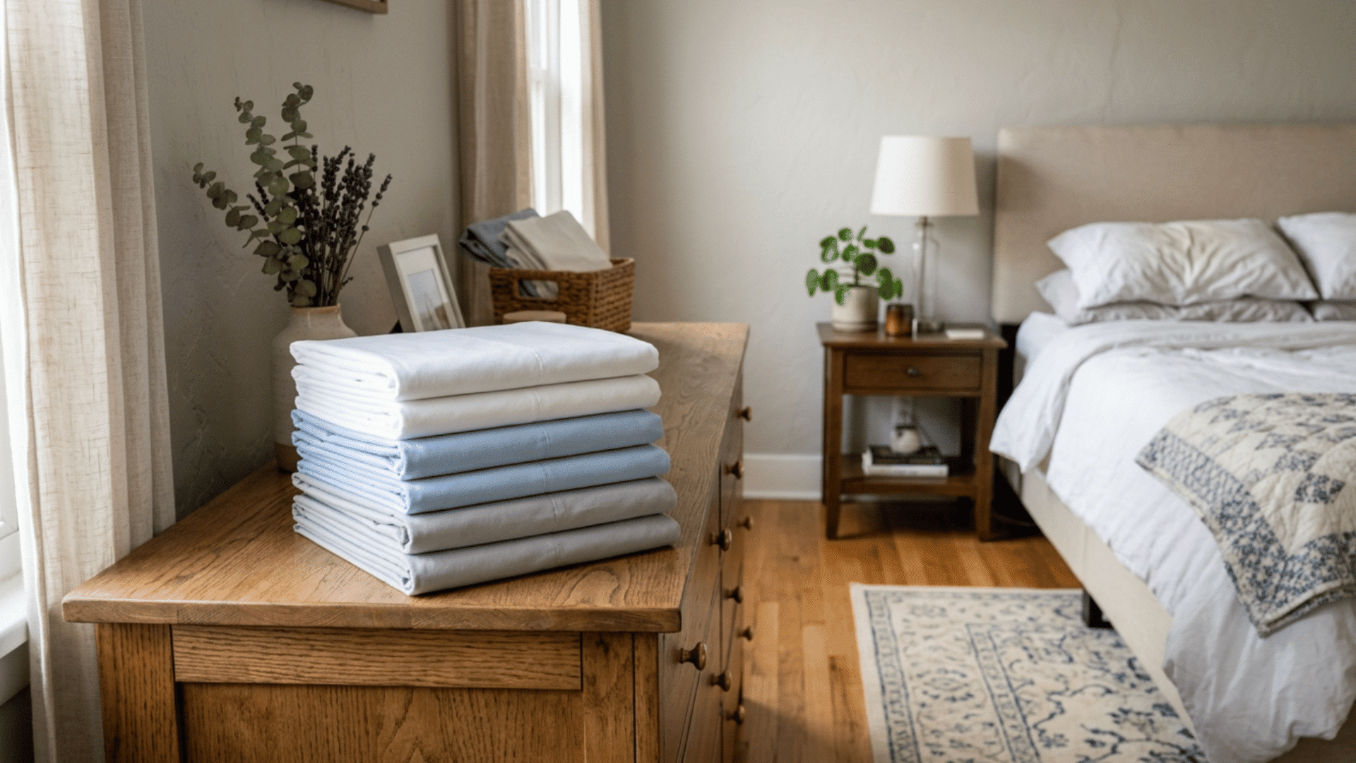 neatly folded fitted sheets stacked on a wooden dresser in a cozy bedroom with bed, plants, and soft natural light