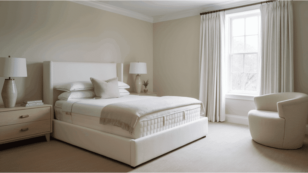 neutral bedroom with bed, matching lamps, soft beige walls, and coordinated textiles creating harmony.