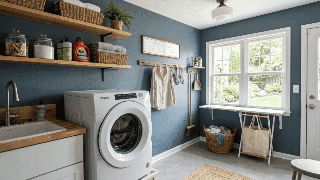 neutral laundry room with Blue-Gray Walls.