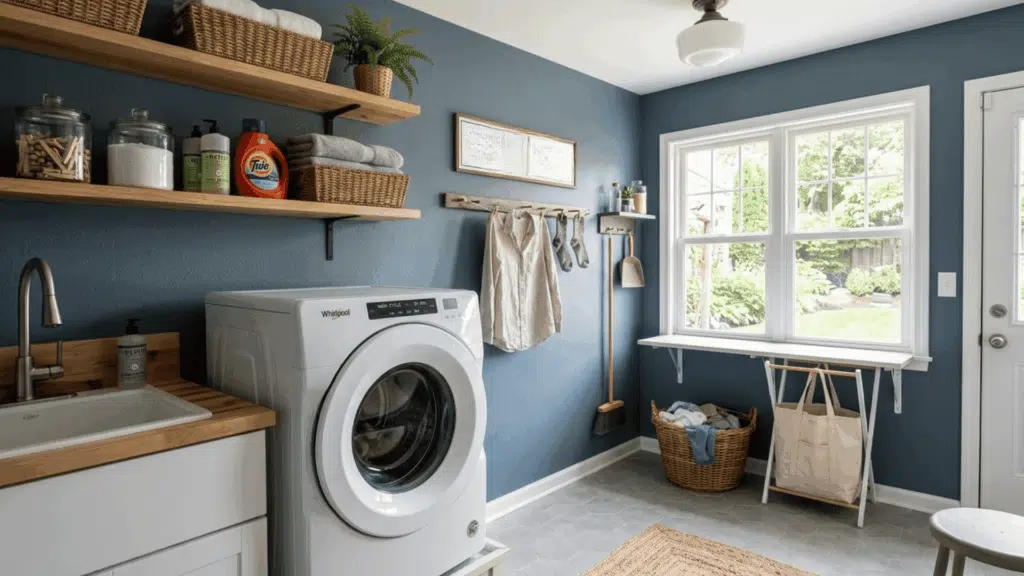neutral laundry room with Blue-Gray Walls.