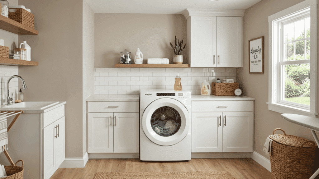 neutral laundry room with beige walls, white cabinets, and a single front-load washer.