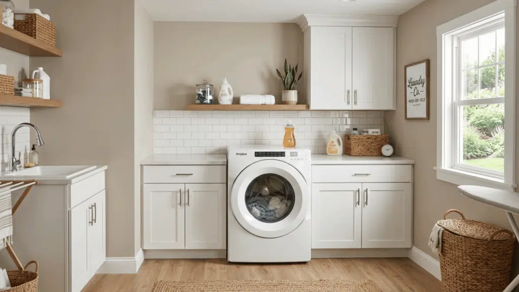 neutral laundry room with beige walls, white cabinets, and a single front-load washer.