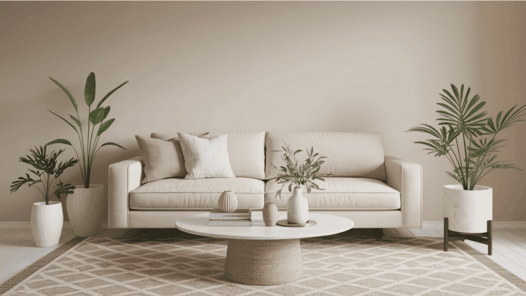 neutral living room with beige sofa, matching decor, potted plants, and round coffee table creating harmony.