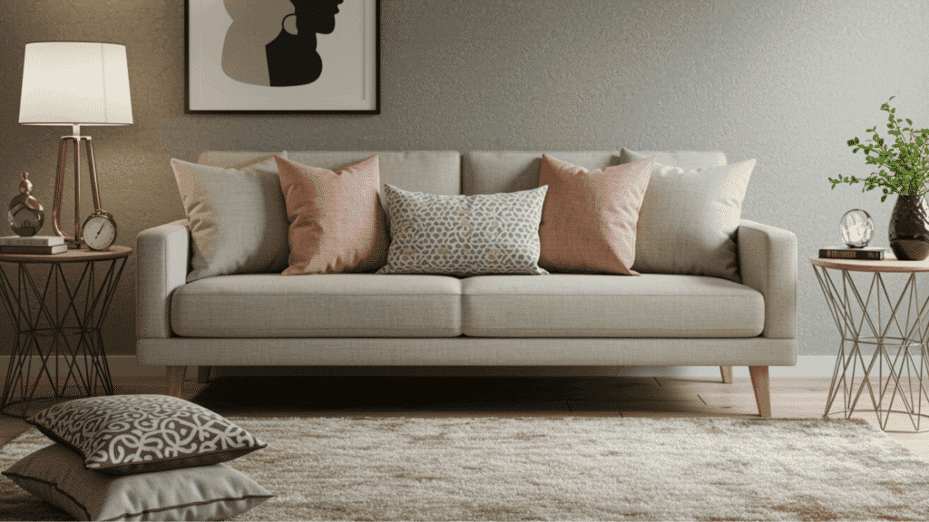 neutral living room with beige sofa, patterned cushions, side tables, lamps, wall art, and soft textured rug on wooden floor