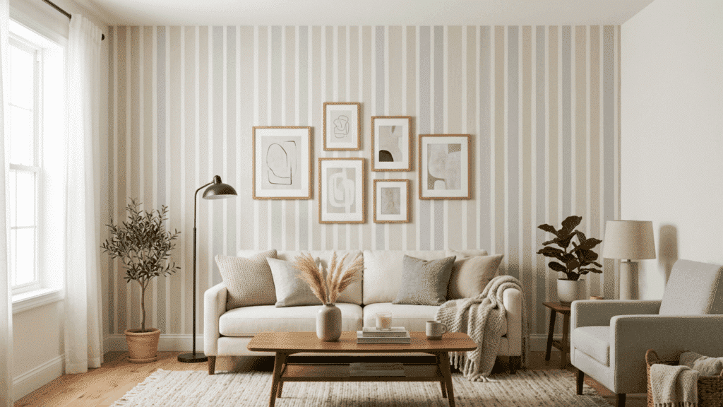 neutral striped accent wall with beige sofa and soft minimal decor.