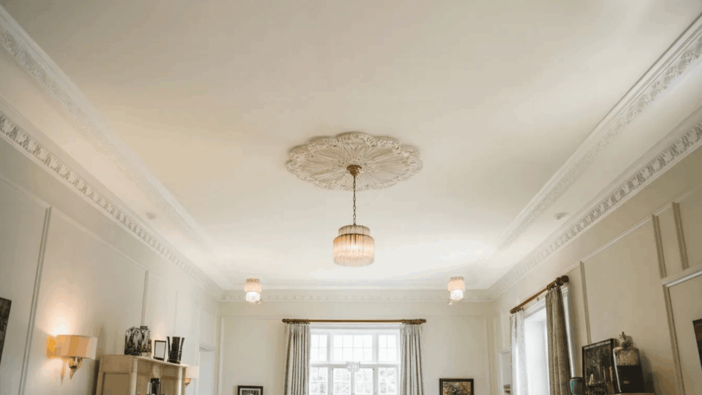 off white ceiling with intricate molding and a central light fixture in a well lit room