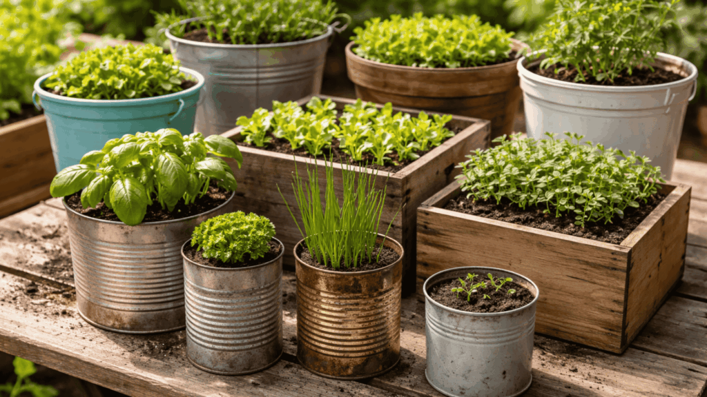 old metal cans and wooden boxes repurposed as garden planters filled with small green plants on a wooden surface